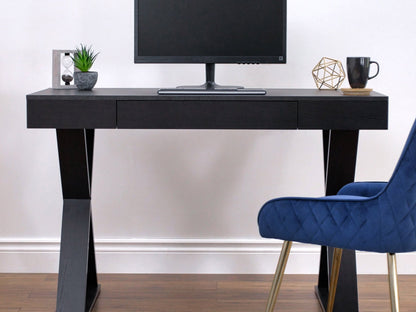 Rustic farmhouse desk with distressed wood finish, featuring a spacious tabletop, two drawers with metal handles, and sturdy legs, perfect for home office or study.