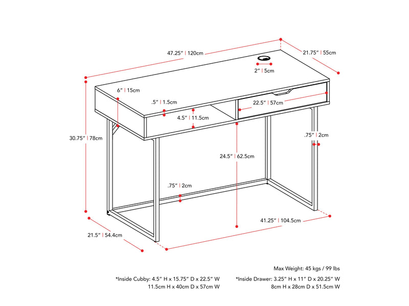white Modern Computer Desk Marley Collection measurements diagram by CorLiving