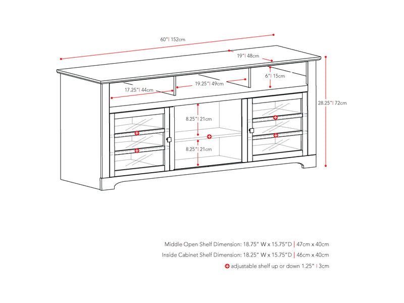 Espresso TV Bench for TVs up to 68" West Lake Collection measurements diagram by CorLiving