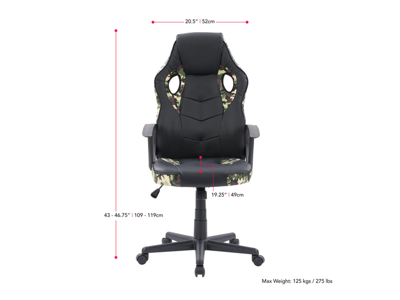 black and camo Gaming Chair with Wheels Mad Dog Collection measurements diagram by CorLiving