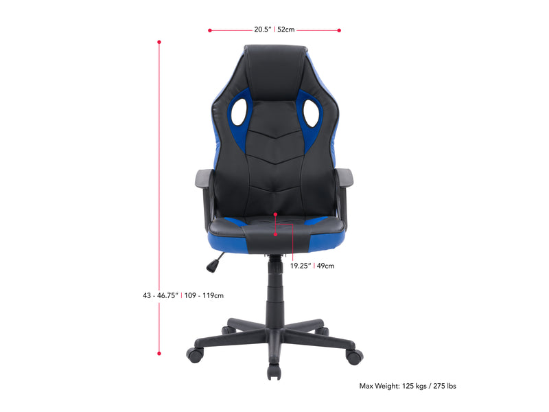 black and blue Gaming Chair with Wheels Mad Dog Collection measurements diagram by CorLiving