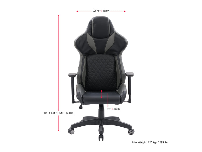 black and grey Gaming Reclining Chair Nightshade Collection measurements diagram by CorLiving
