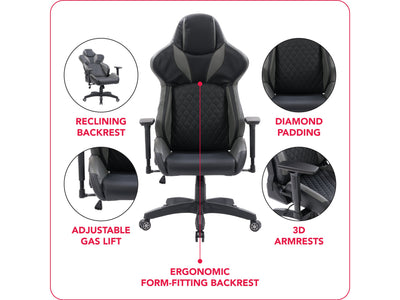 black and grey Gaming Reclining Chair Nightshade Collection infographic by CorLiving#color_black-and-grey