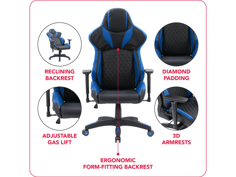 black and blue Gaming Reclining Chair Nightshade Collection infographic by CorLiving