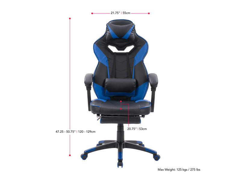 black and blue Gaming Chair with Footrest Doom Collection measurements diagram by CorLiving