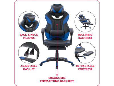 black and blue Gaming Chair with Footrest Doom Collection infographic by CorLiving#color_black-and-blue