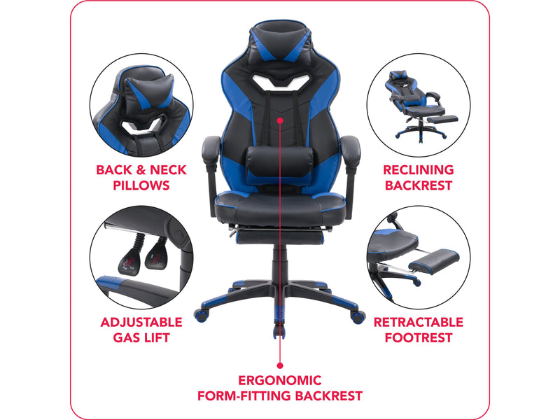black and blue Gaming Chair with Footrest Doom Collection infographic by CorLiving
