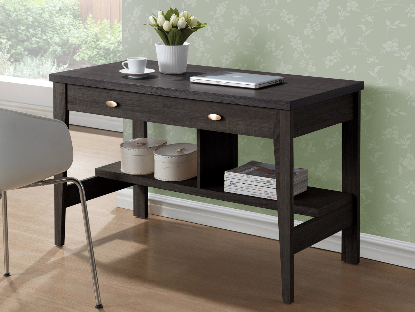 Dark wood desk with sleek metal legs, spacious rectangular surface, and minimalist design. Ideal for home office or study, blending contemporary style with functionality.