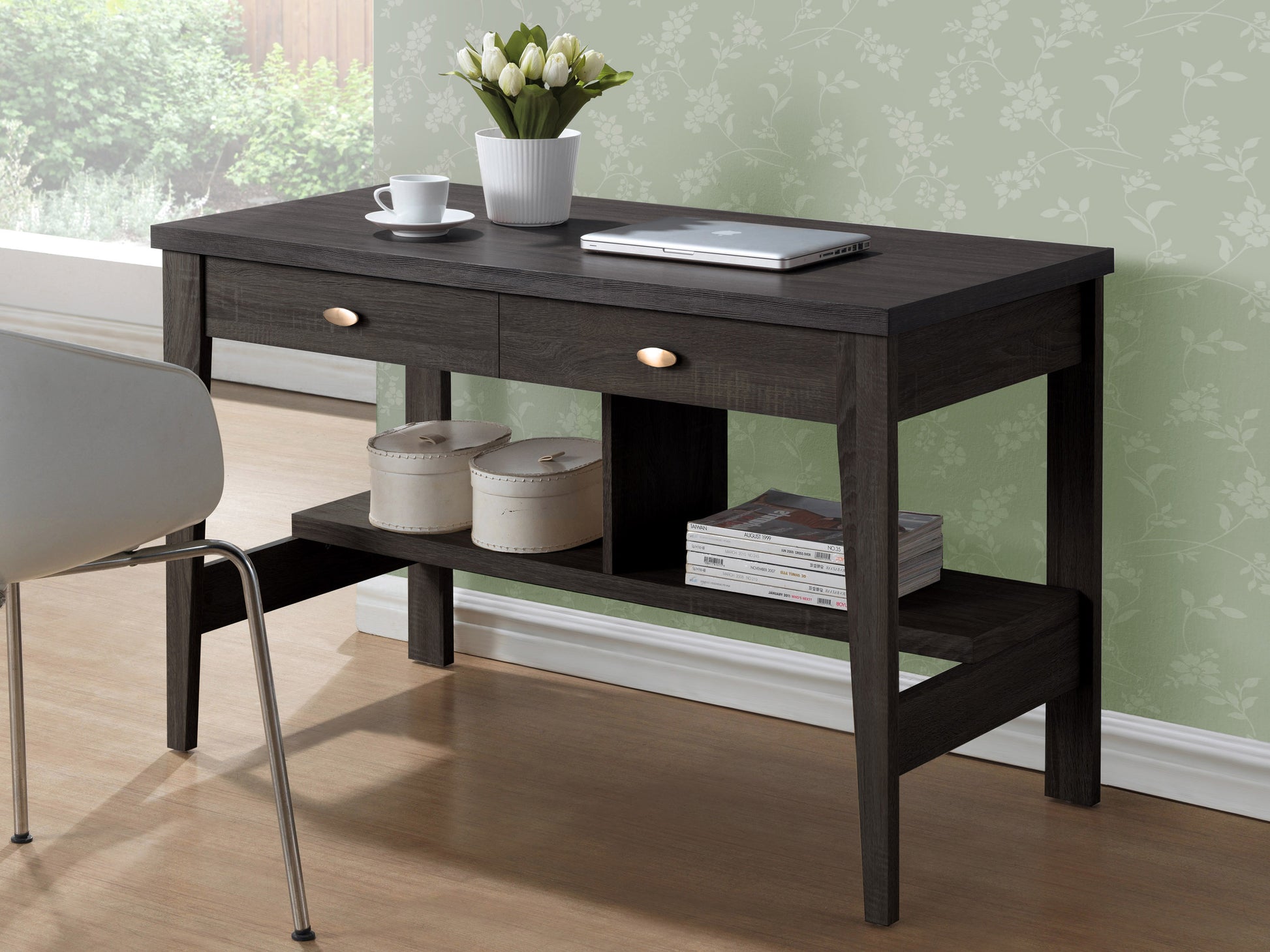 Dark wood desk with sleek metal legs, spacious rectangular surface, and minimalist design. Ideal for home office or study, blending contemporary style with functionality.