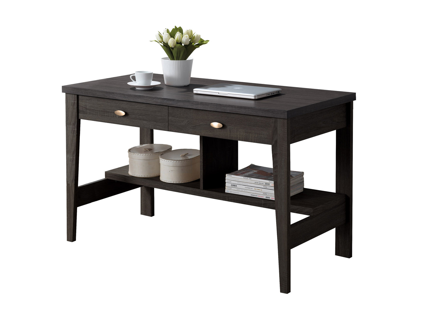 Modern wooden desk with two drawers, featuring a sleek design, natural wood finish, and black metal legs, perfect for home office or workspace.