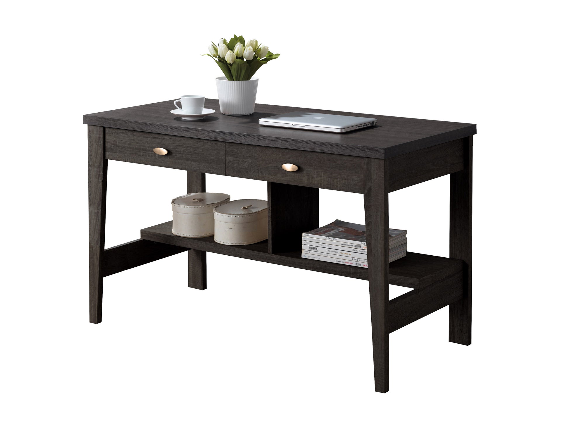 Modern wooden desk with two drawers, featuring a sleek design, natural wood finish, and black metal legs, perfect for home office or workspace.