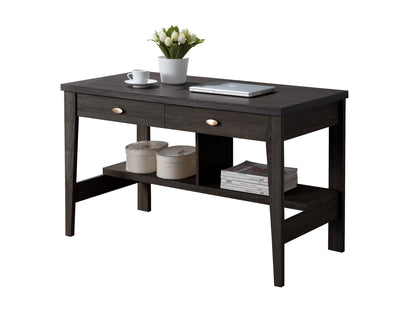 Modern wooden desk with two drawers, featuring a sleek design, natural wood finish, and black metal legs, perfect for home office or workspace.