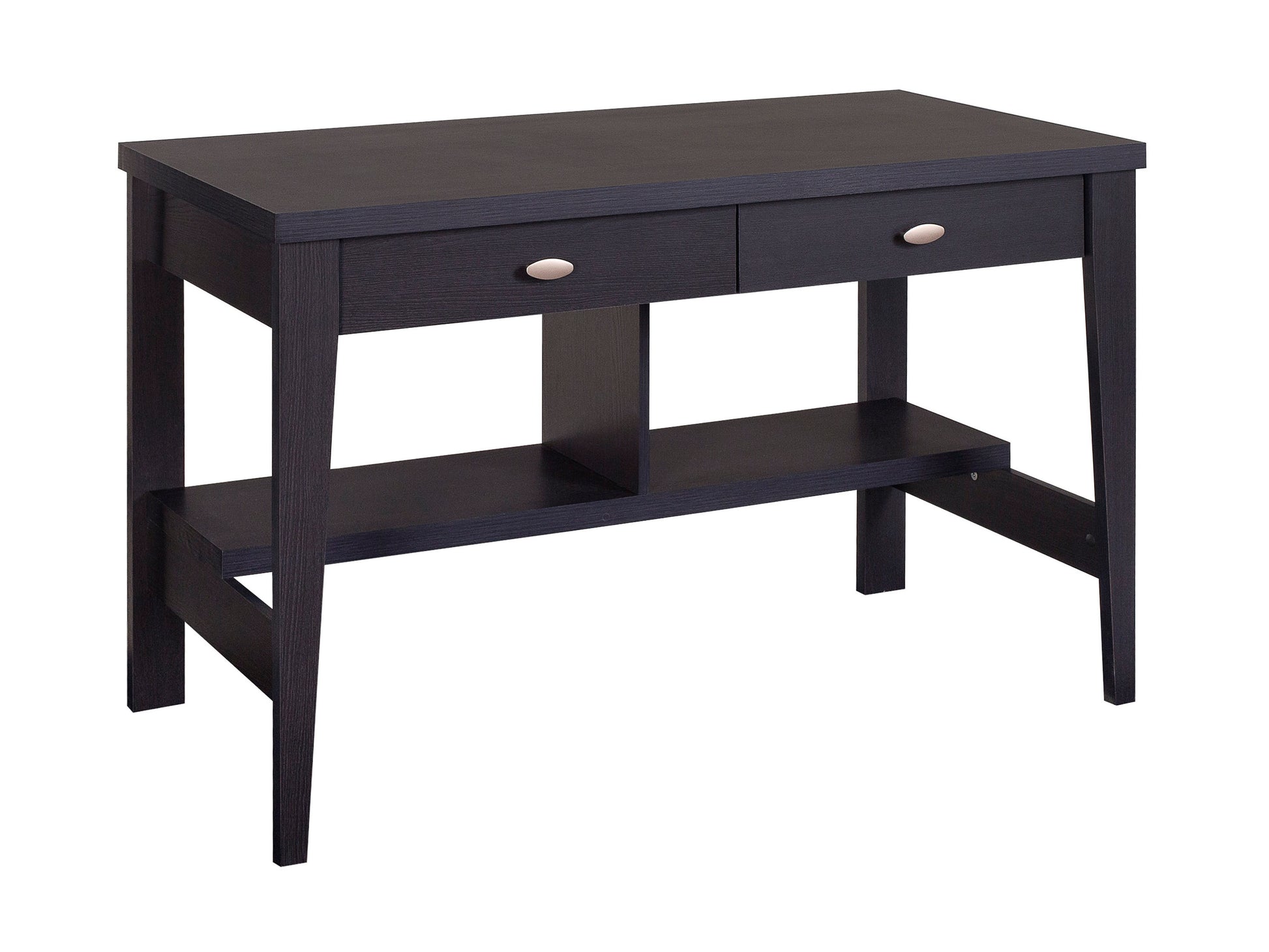 Modern wooden desk with sleek metal legs, spacious rectangular tabletop, and integrated storage drawer. Natural wood finish complements contemporary office decor. Ideal for home office or study space.