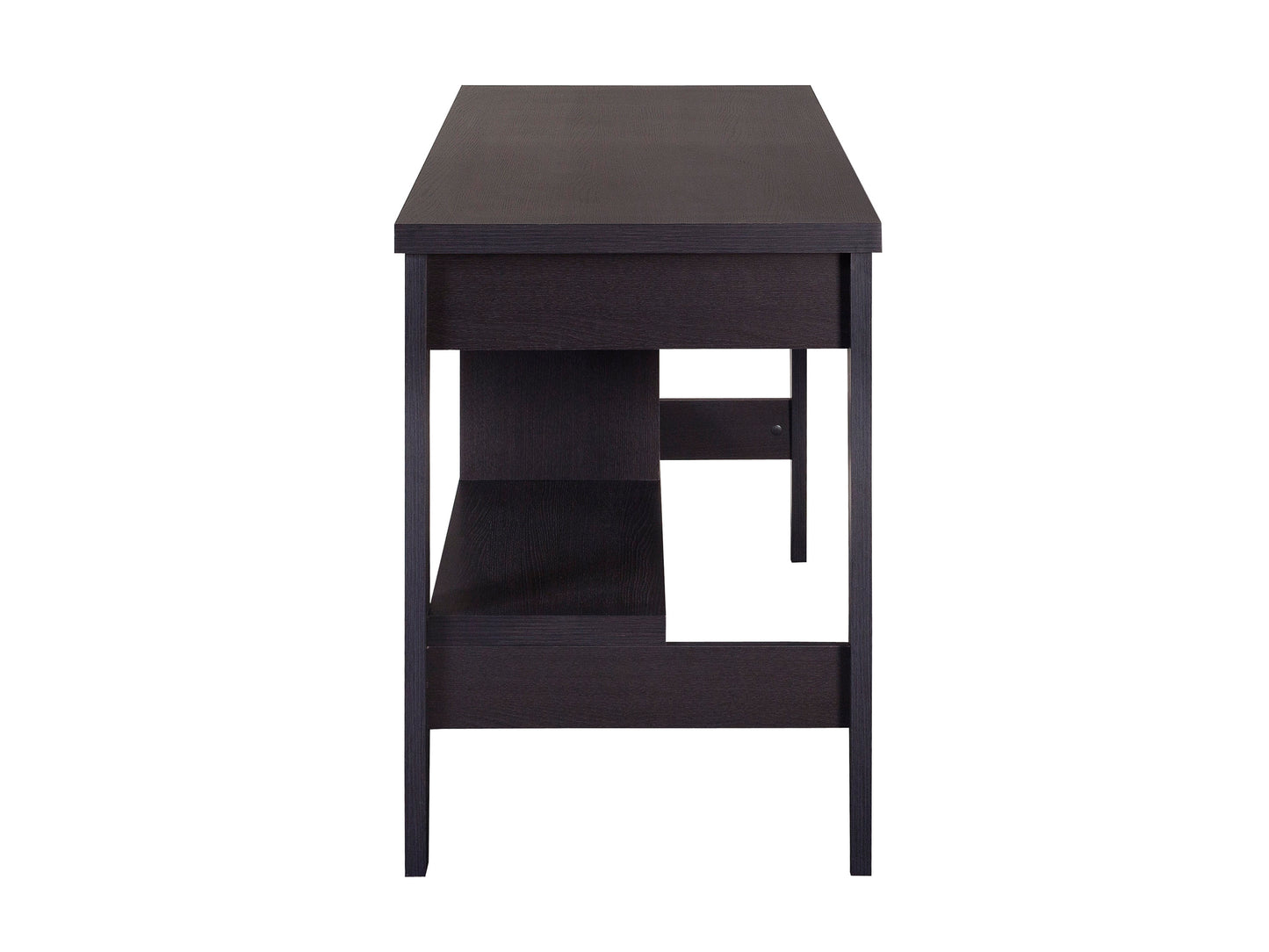 Dark wood desk with sleek, minimalist design, featuring a smooth rectangular top, sturdy black metal legs, and a built-in drawer for storage. Ideal for modern home offices or study spaces.
