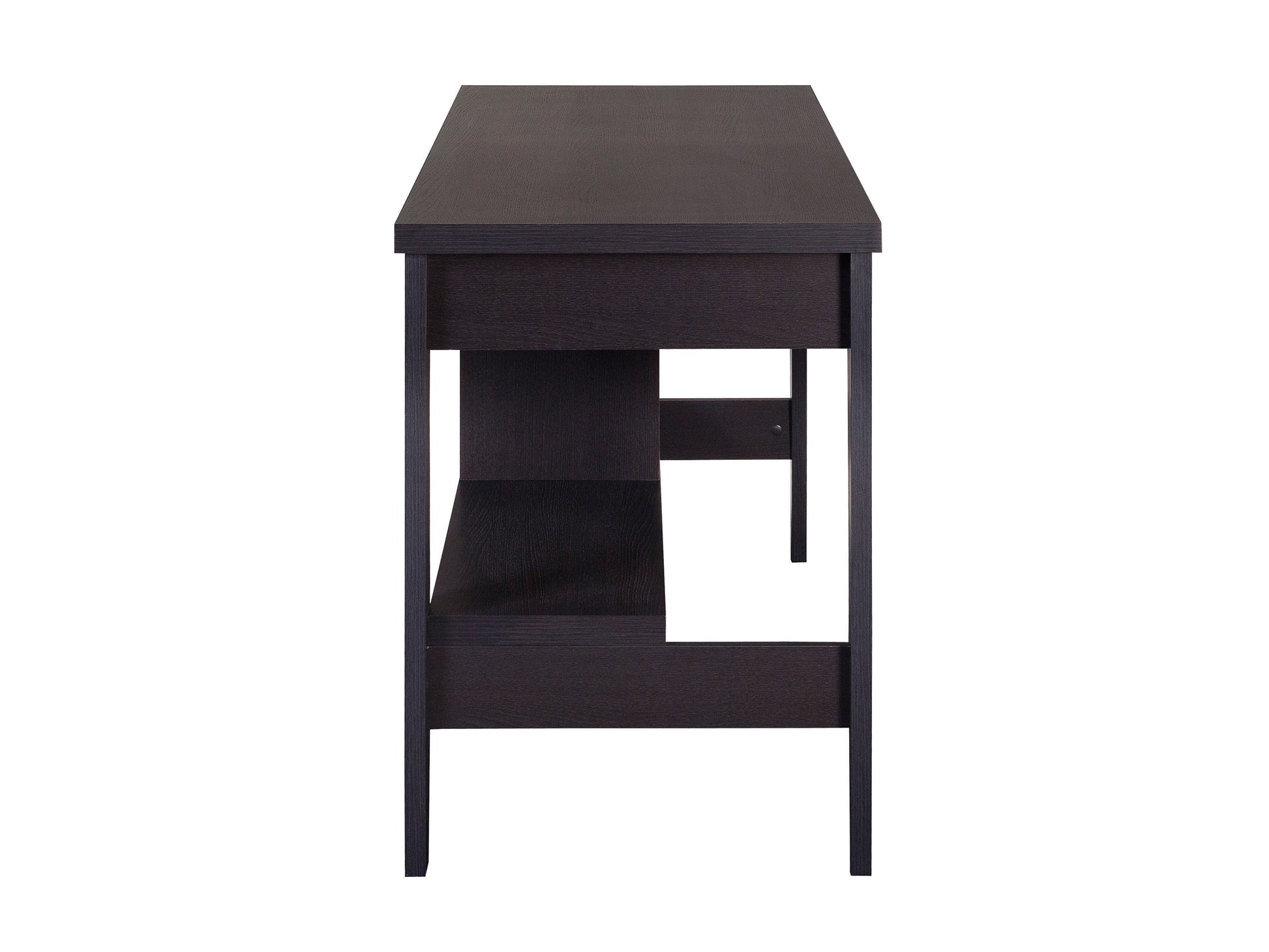 Dark wood desk with sleek, minimalist design, featuring a smooth rectangular top, sturdy black metal legs, and a built-in drawer for storage. Ideal for modern home offices or study spaces.