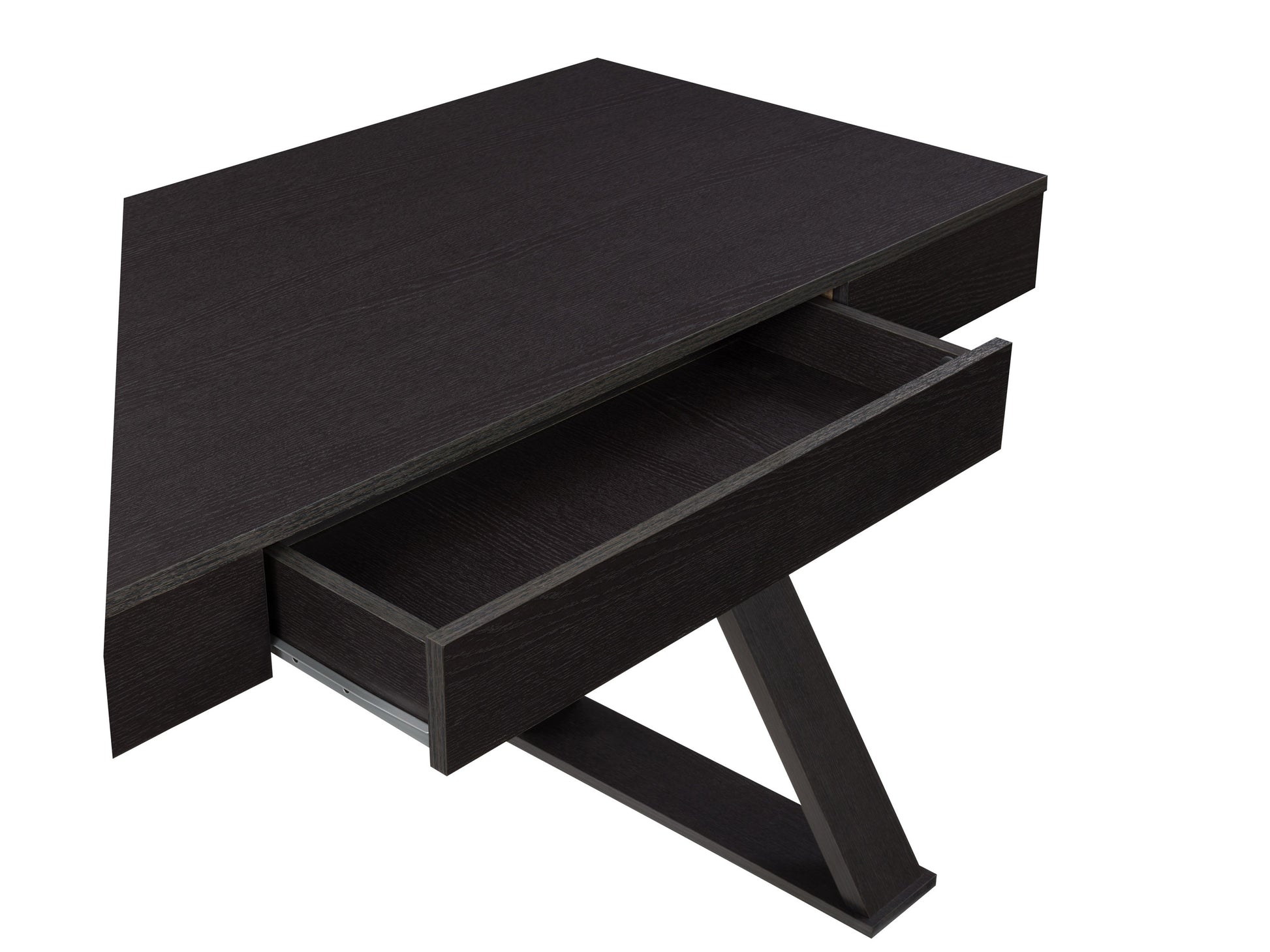 Modern wooden desk with a walnut finish, featuring sleek metal legs and two spacious drawers with metallic handles, ideal for home office or workspace.