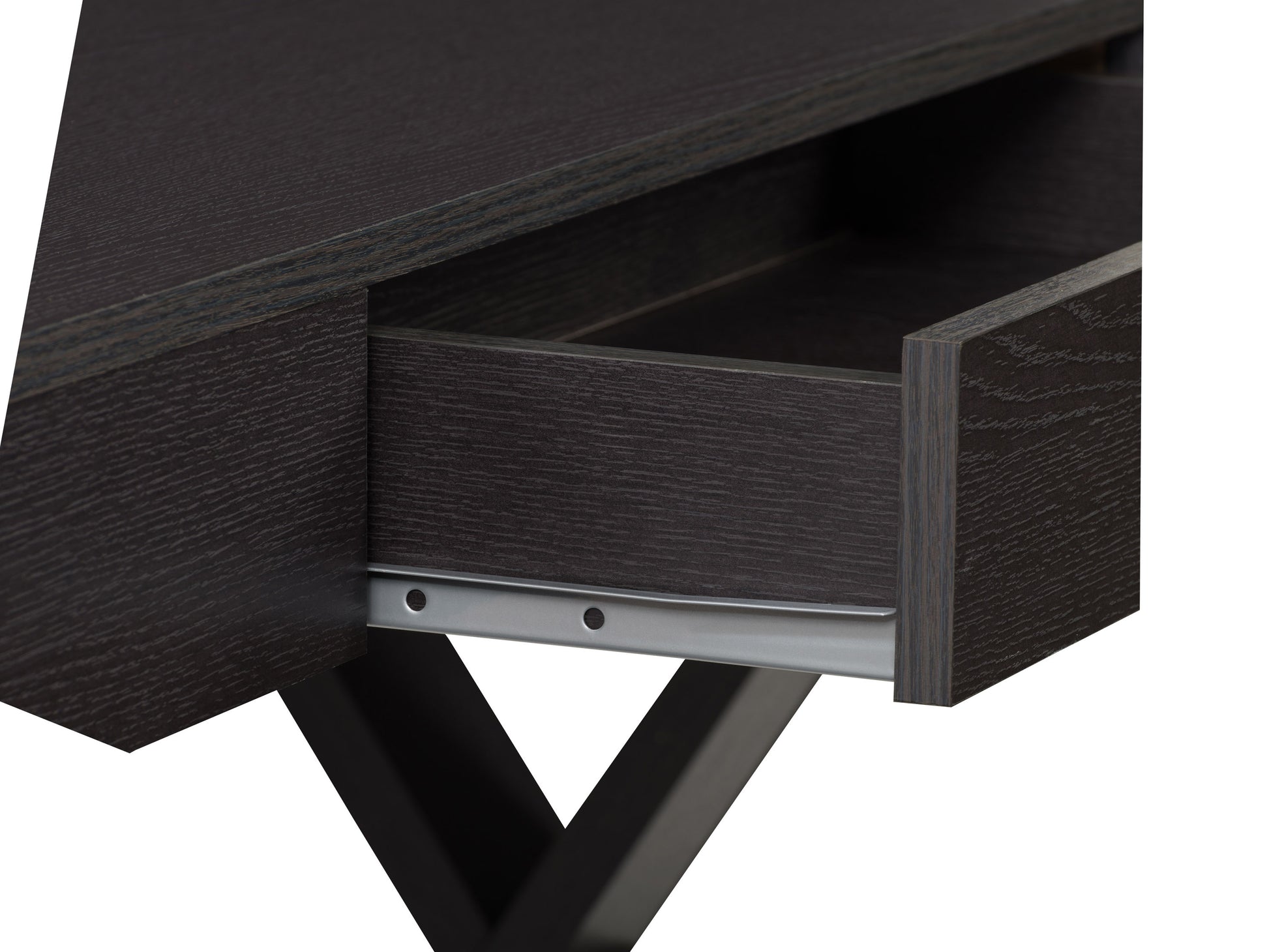 Rustic farmhouse desk with natural wood finish, black metal legs, and spacious tabletop. Features built-in storage drawer and open shelf, perfect for home office or workspace.