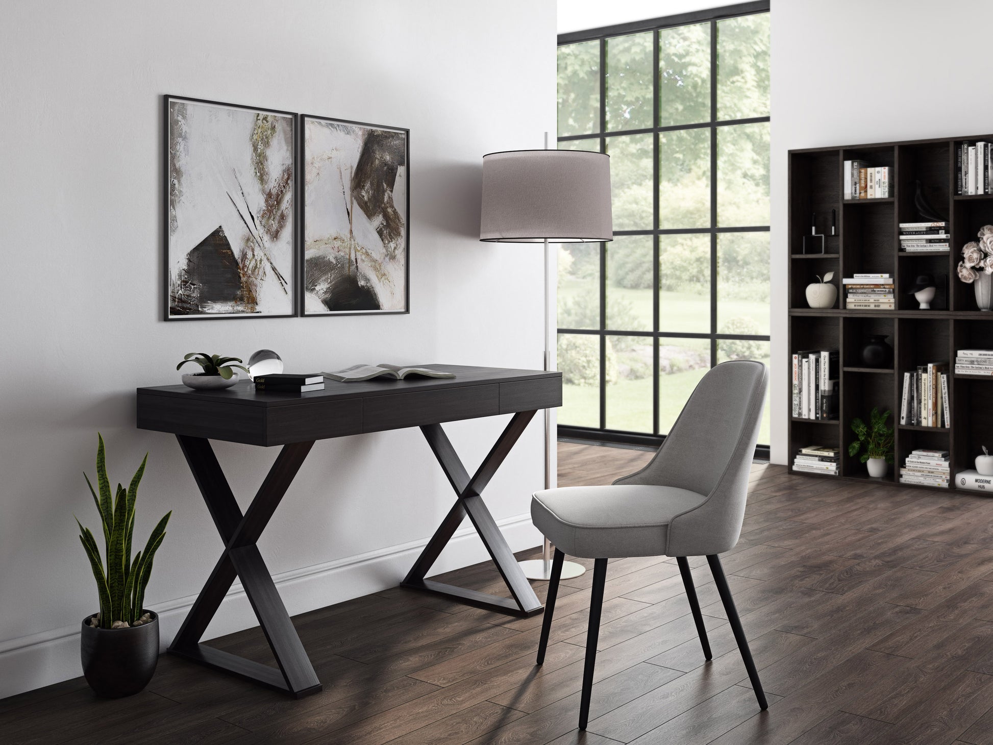 Modern wooden desk with metal legs, featuring a sleek, minimalist design, natural oak finish, spacious work surface, and built-in cable management. Ideal for home office or study spaces.