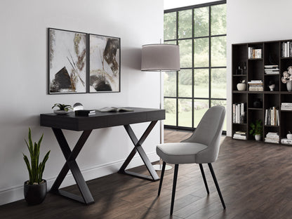 Modern wooden desk with metal legs, featuring a sleek, minimalist design, natural oak finish, spacious work surface, and built-in cable management. Ideal for home office or study spaces.