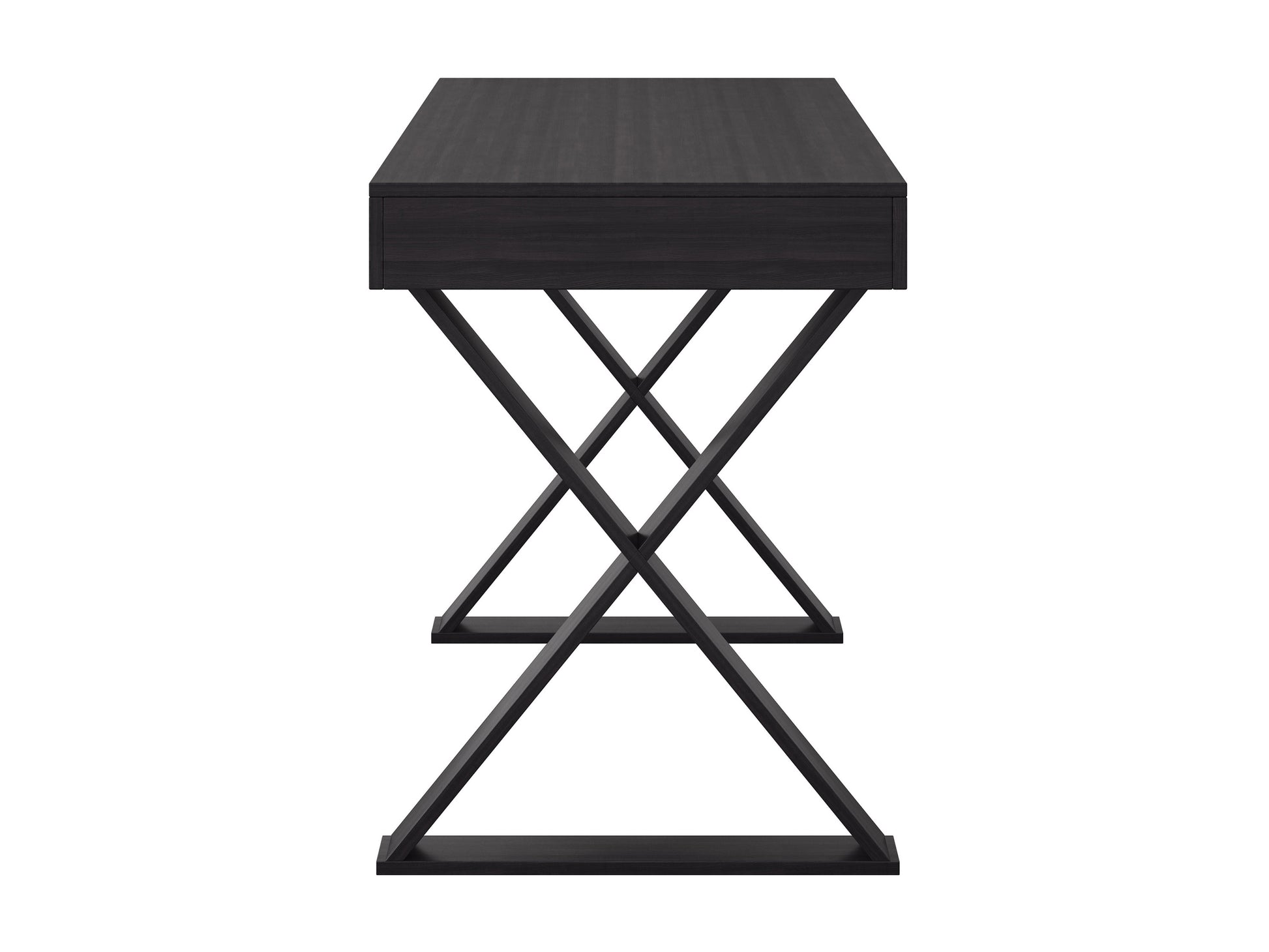 Rustic farmhouse desk with a distressed white finish, featuring a natural wood top, two drawers with black metal handles, and X-brace side panels. Ideal for home offices or study areas.