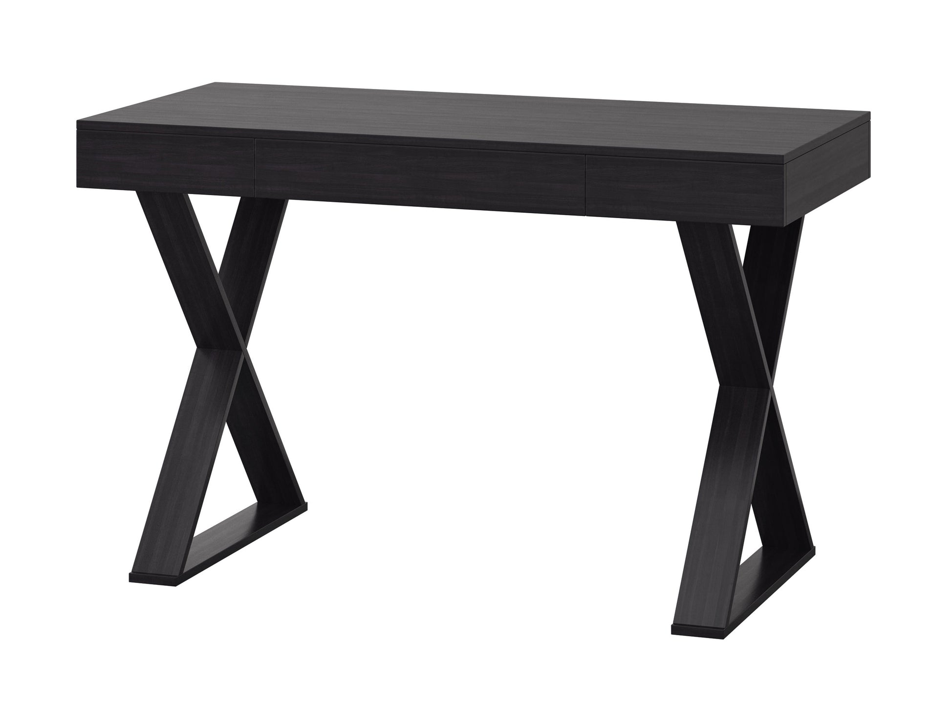 Rustic farmhouse desk with a dark wood finish, featuring a sturdy metal frame, two spacious drawers, and a smooth tabletop. Ideal for home office or study spaces, blending vintage charm with modern functionality.