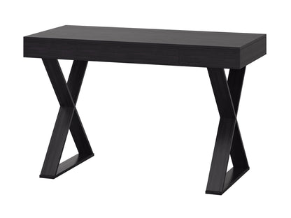 Rustic farmhouse desk with a dark wood finish, featuring a sturdy metal frame, two spacious drawers, and a smooth tabletop. Ideal for home office or study spaces, blending vintage charm with modern functionality.