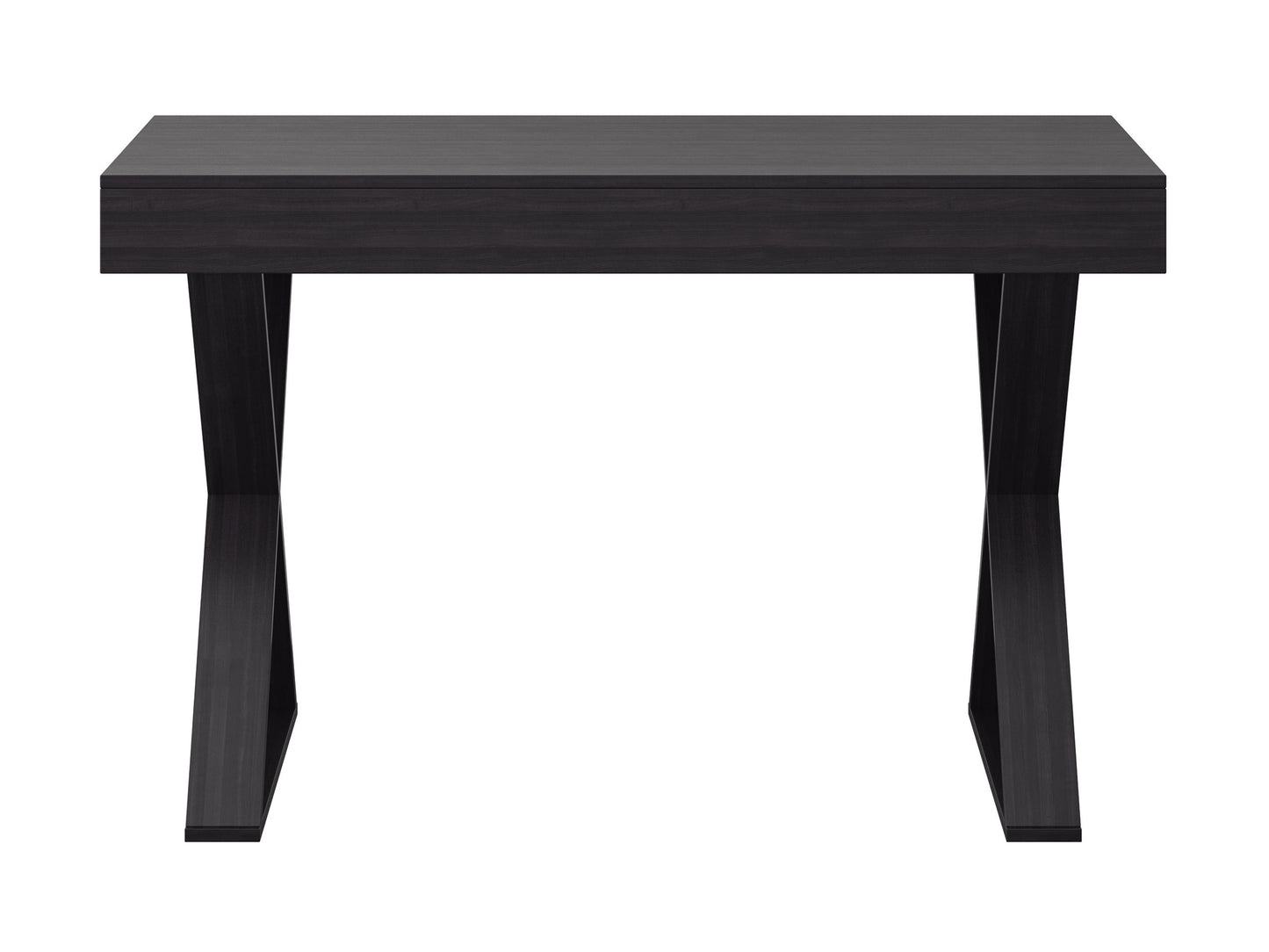 Modern wooden writing desk with sleek black metal legs, featuring a spacious light oak tabletop and built-in cable management system, perfect for home office or study.