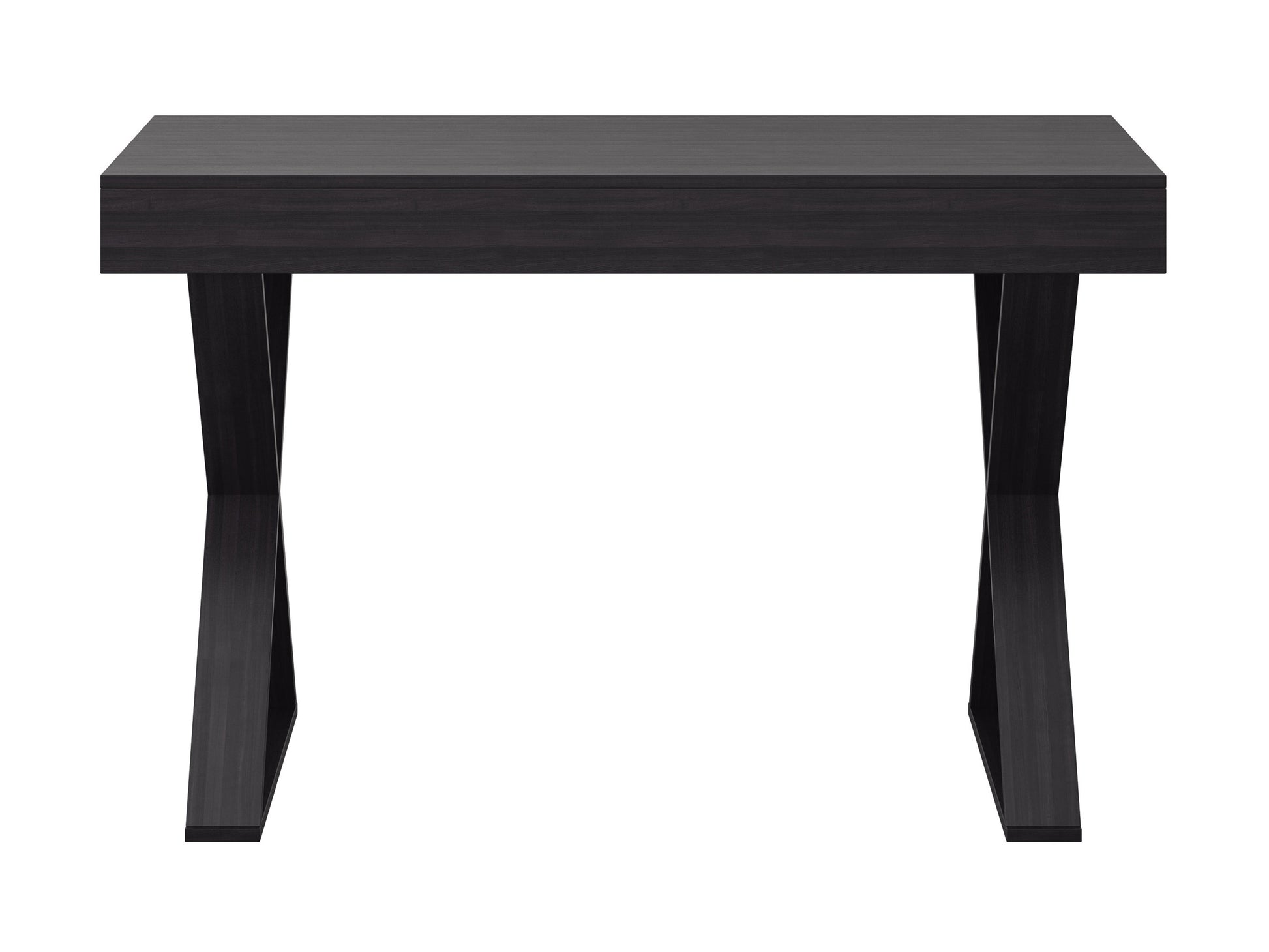 Modern wooden writing desk with sleek black metal legs, featuring a spacious light oak tabletop and built-in cable management system, perfect for home office or study.