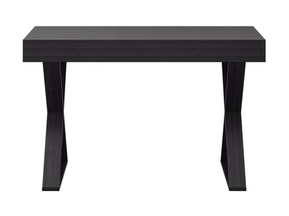 Modern wooden writing desk with sleek black metal legs, featuring a spacious light oak tabletop and built-in cable management system, perfect for home office or study.