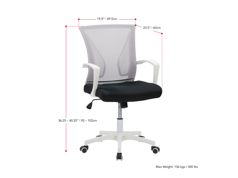 grey and black Mesh Task Chair Cooper Collection measurements diagram by CorLiving