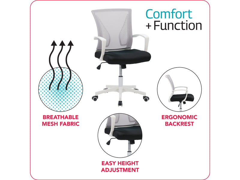 grey and black Mesh Task Chair Cooper Collection infographic by CorLiving