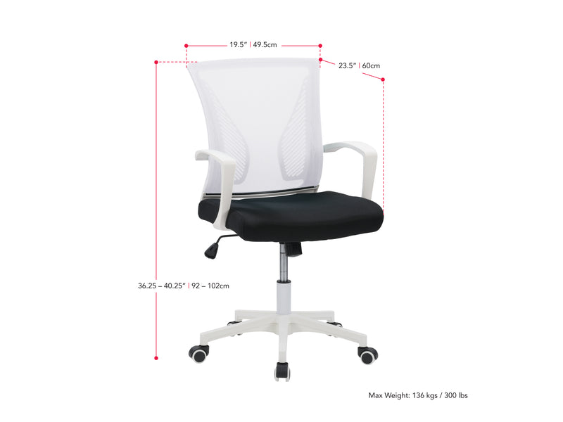 white and black Mesh Task Chair Cooper Collection measurements diagram by CorLiving