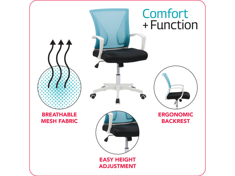 teal and black Mesh Task Chair Cooper Collection infographic by CorLiving