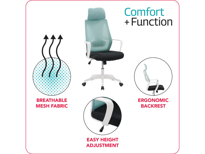 teal and black High Back Office Chair Ashton Collection infographic by CorLiving