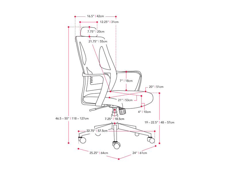 pink High Back Office Chair Ashton Collection measurements diagram by CorLiving