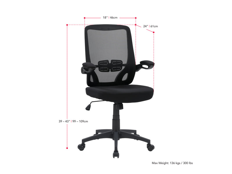 black Mesh Office Chair Riley Collection measurements diagram by CorLiving
