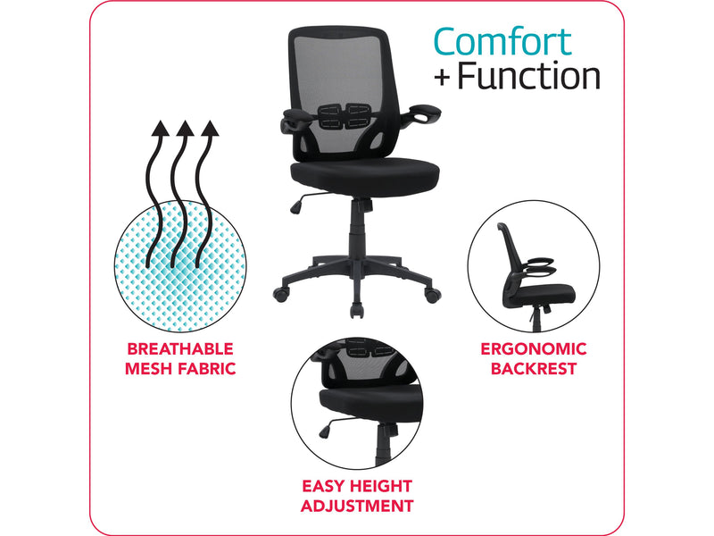 black Mesh Office Chair Riley Collection infographic by CorLiving