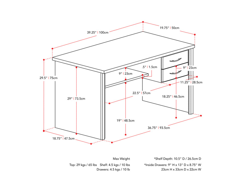 black brown Desk with Drawers Kingston Collection measurements diagram by CorLiving