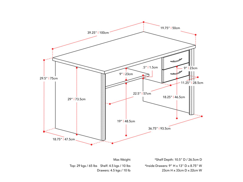 brown Desk with Drawers Kingston Collection measurements diagram by CorLiving