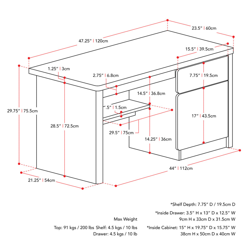 white Desk with Cabinet Kingston Collection measurements diagram by CorLiving