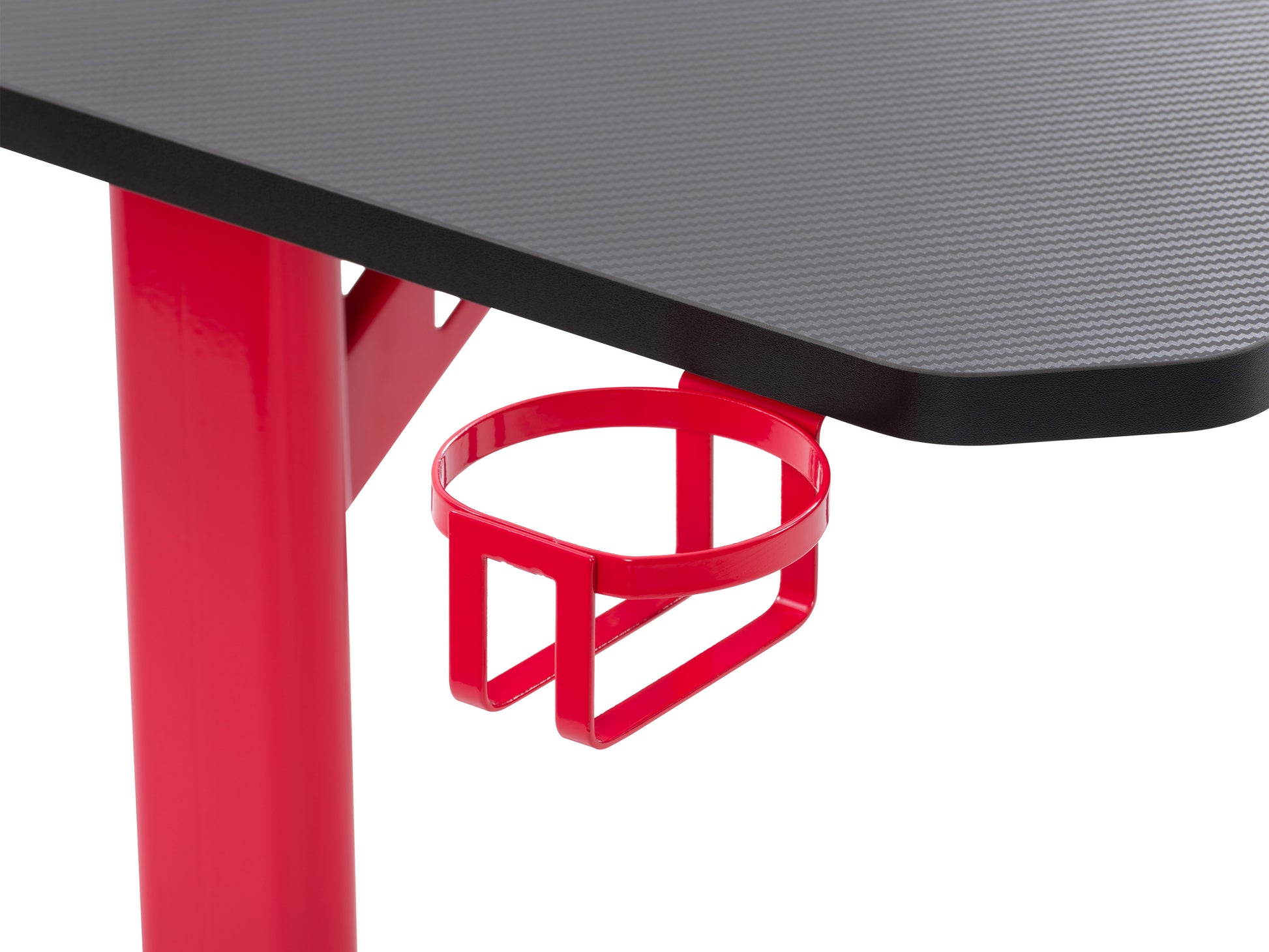 Red and black gaming desk with sleek metal frame, carbon fiber textured surface, built-in cup holder, and headphone hook. Ideal for gamers seeking a stylish, functional workspace.