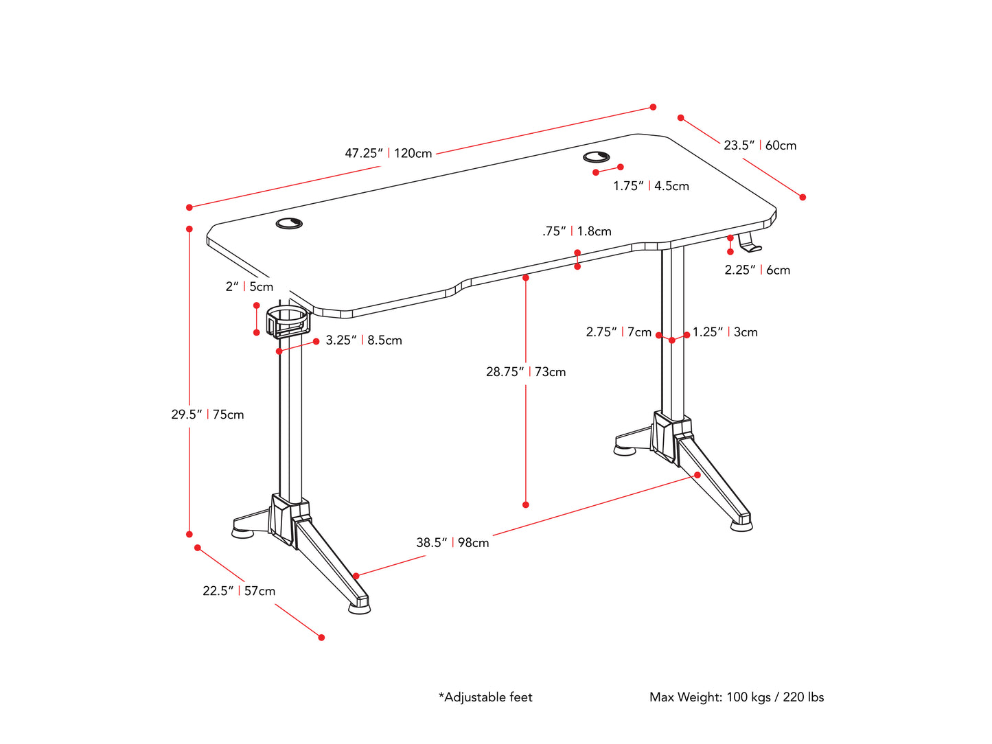 Red and black gaming desk with sleek design, sturdy metal frame, carbon fiber textured tabletop, built-in cable management, and ergonomic design. Ideal for gamers seeking style and functionality.