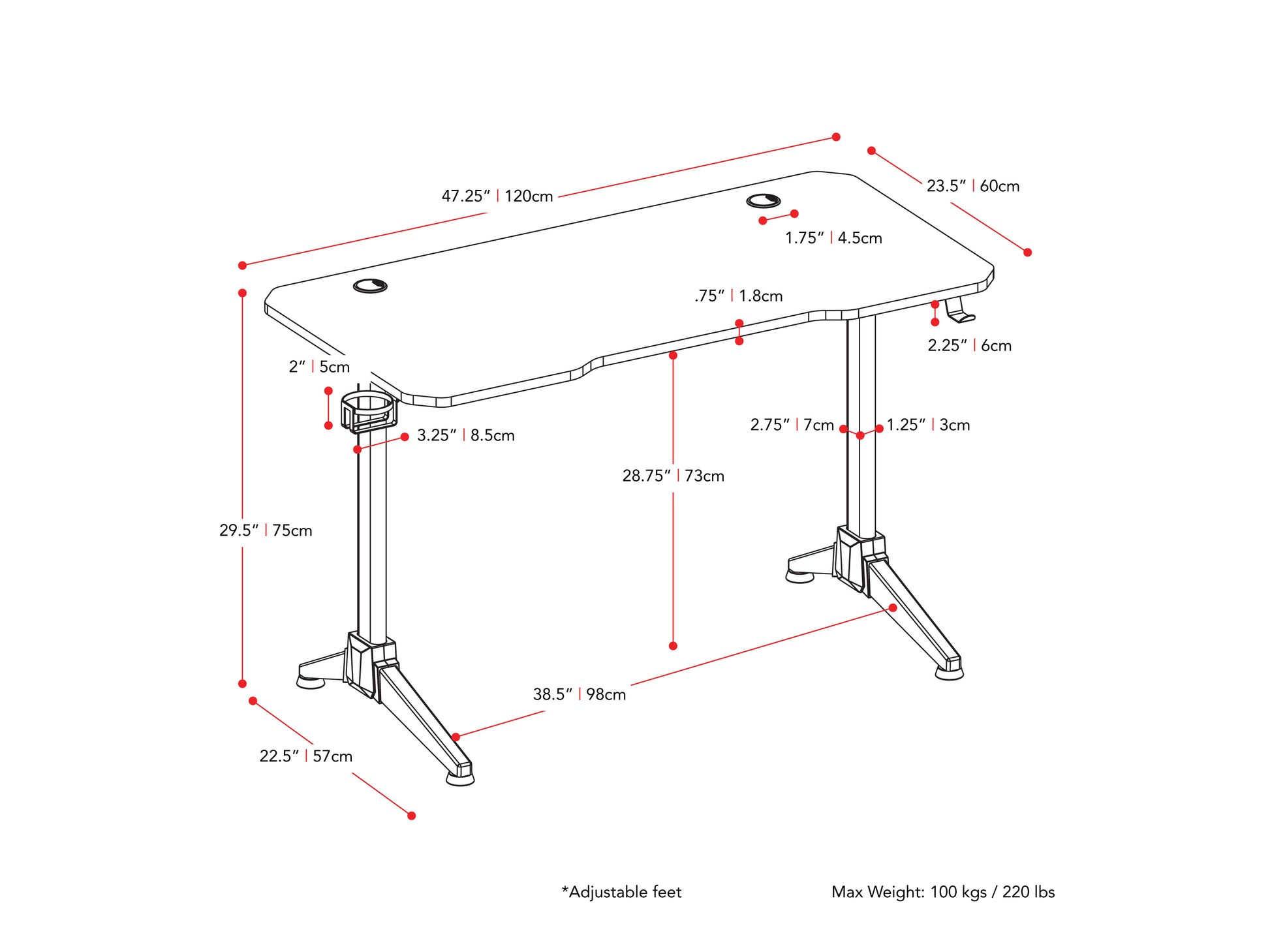 Red and black gaming desk with sleek design, sturdy metal frame, carbon fiber textured tabletop, built-in cable management, and ergonomic design. Ideal for gamers seeking style and functionality.