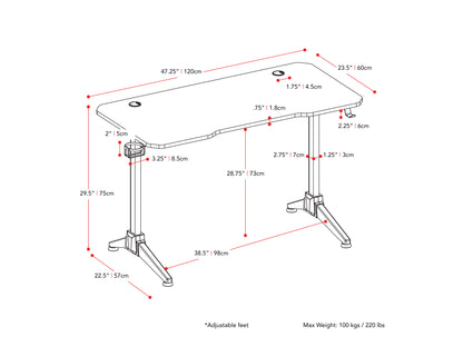 Red and black gaming desk with sleek design, sturdy metal frame, carbon fiber textured tabletop, built-in cable management, and ergonomic design. Ideal for gamers seeking style and functionality.