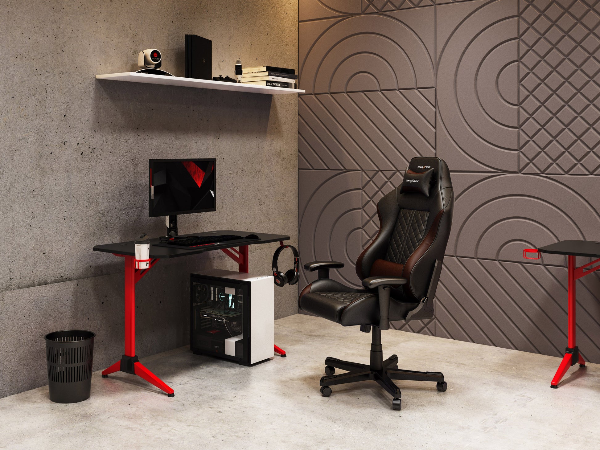 Red and black gaming desk with sleek metal frame, carbon fiber texture, and built-in cup holder, headphone hook, and cable management system. Ideal for gamers seeking a stylish and functional workspace.