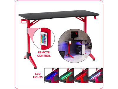 Red and Black Gaming Desk with LED Lights Conqueror Collection infographic by CorLiving#color_red-and-black