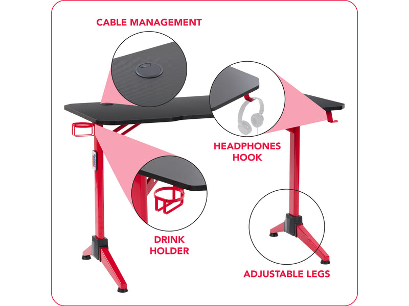 Red and Black Gaming Desk with LED Lights Conqueror Collection infographic by CorLiving